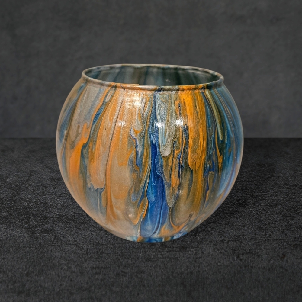 Fluid Art Blue & Orange glass Vase/ candle holder
